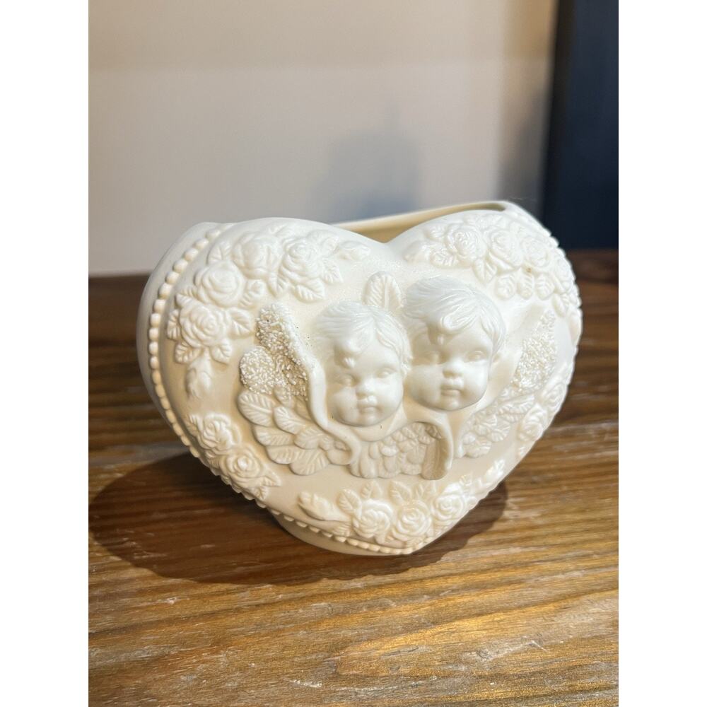 Vintage 90s Bisque Porcelain Cherub Roses Floral Heart Shaped Vase Whimsigoth